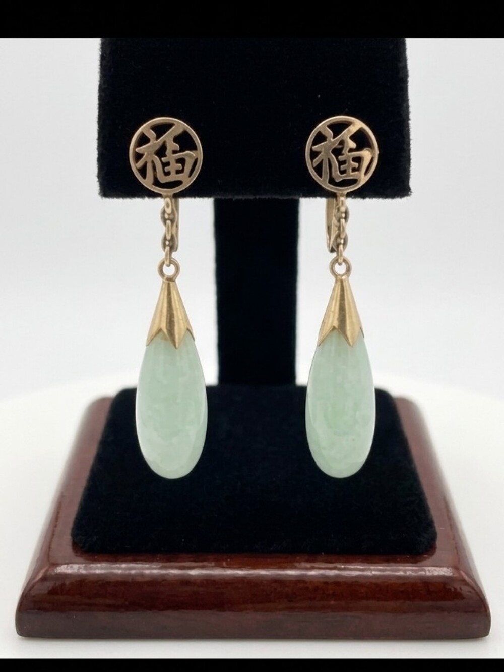 14K Mint Green Jade Jadeite Teardrop Dangle Earrings Good Fortune Fu Talisman